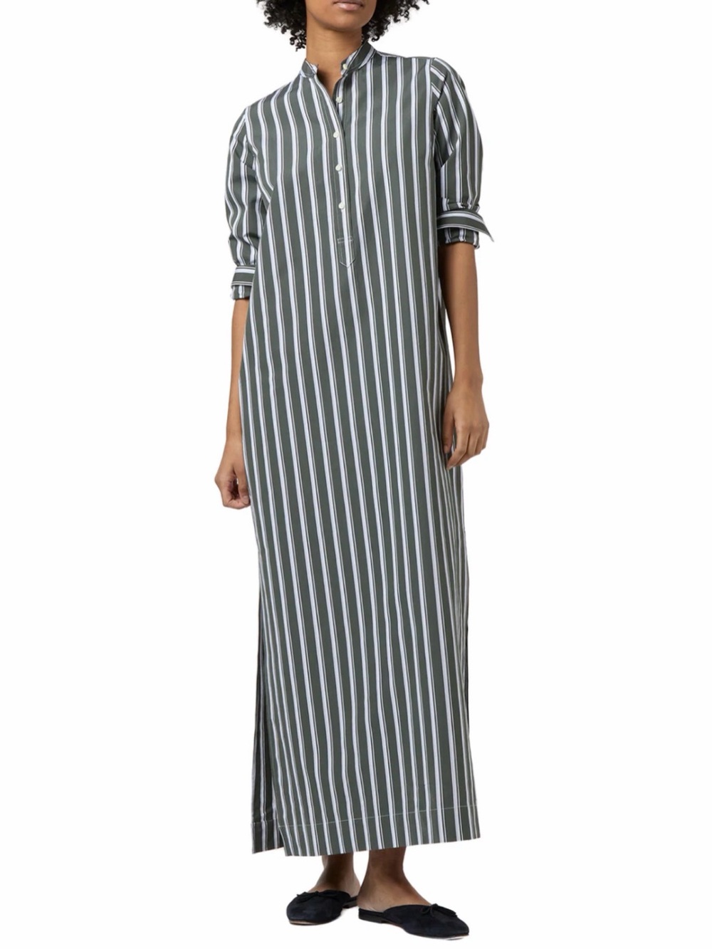 Ann Mashburn Size S โข Mandarin Talitha Gray Stripe Midi Shirt Dress.